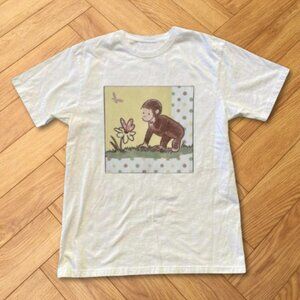 White-Curious George Butterfly Flower Garden Cute Graphic Tee